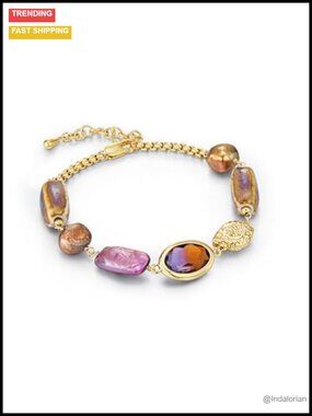 Gold Plated Beaded Bracelet Adjustable Pearl Shell Turquoise Gemstone